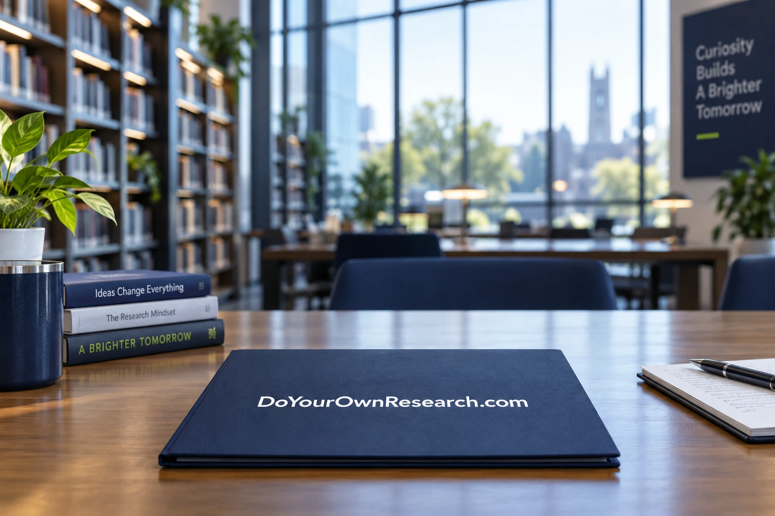 A library research desk with DoYourOwnResearch.com on a notebook